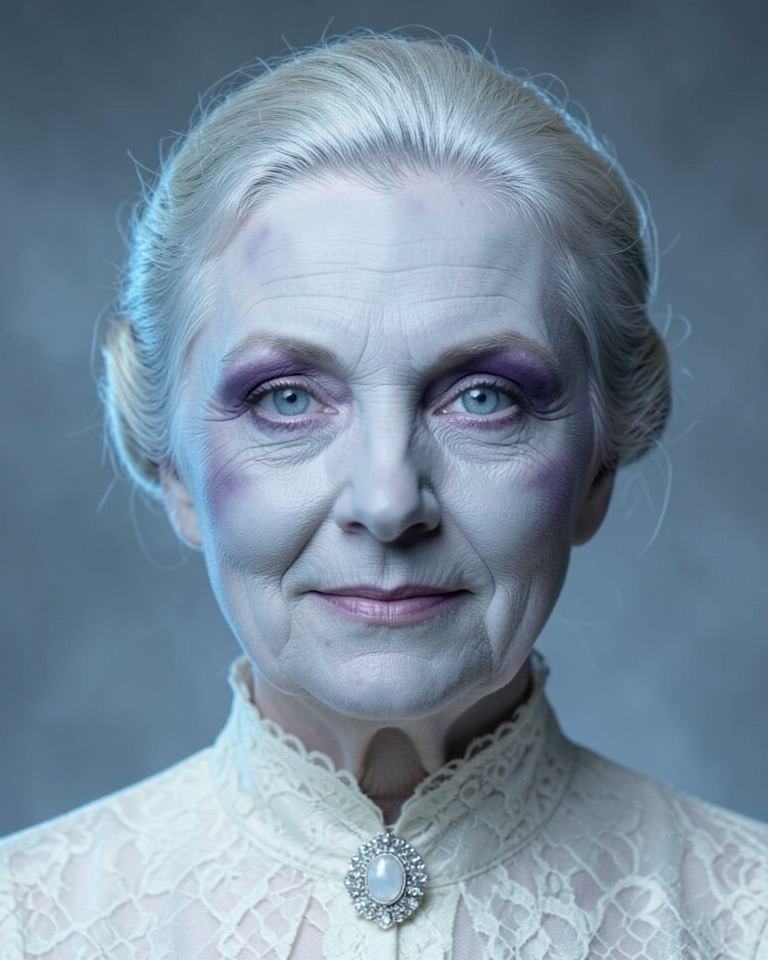 Front-facing fictional older woman with ashen grey-blue skin, violet eye shadows, silver hair pinned up and an ivory lace blouse