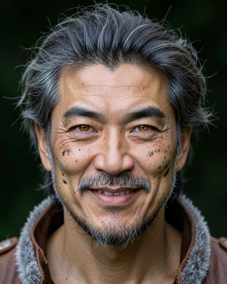 Front-facing fictional East Asian man with shaggy grey hair, bristly sideburns, amber eyes and a fur-trimmed leather collar