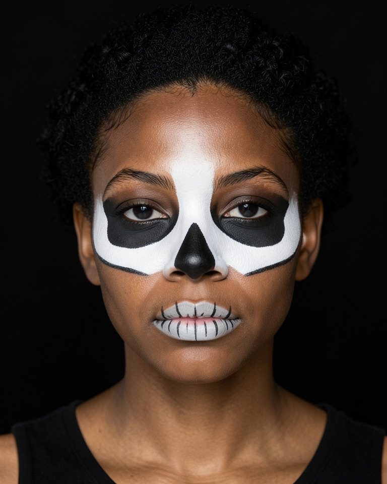 Front-facing fictional young woman with deep brown skin and short black curls wearing white skull face paint with black eye sockets and drawn teeth
