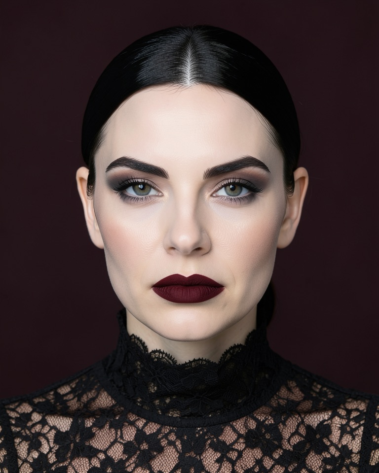 Front-facing fictional woman with pale porcelain skin, dark red lips, black hair in a sleek bun and a black lace collar on a plum background