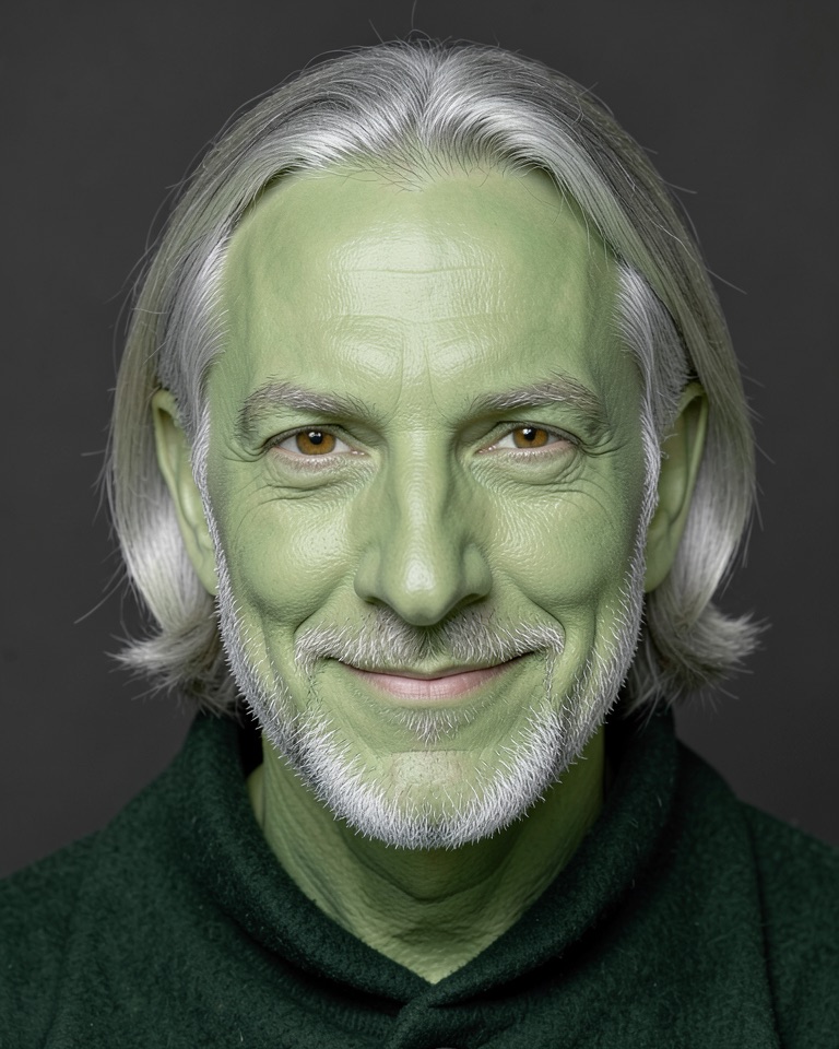 Front-facing fictional older man with sage-green painted skin, grey shoulder-length hair, silver beard and amber eyes